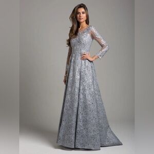 Lara 29923 LACE HIGH NECK DRESS - Size 10 in Grey